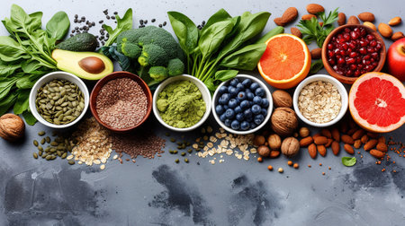 Vegetables and fruits top view with a copy of the space. Healthy food clean eating selection: seeds, superfood, cereals, leaf vegetable on gray concrete background.の素材
