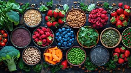 Vegetables and fruits top view with a copy of the space. Healthy food clean eating selection: seeds, superfood, cereals, leaf vegetable on old wooden background.の素材