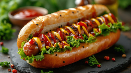 Hot dogs with a sausage on a fresh rolls garnished with mustard and ketchup and served with different toppings.の素材