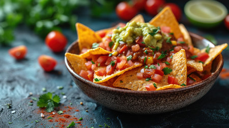 Nachos chips with melted cheese and dips variety in black bowl. Gray stone background.の素材