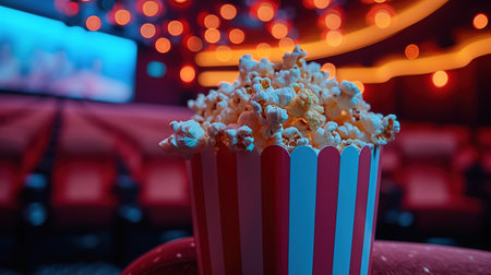 A striped popcorn box in the cinema against the background of red seats. With copy space.の素材