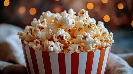 Striped bowl of popcorn on an old wooden background. A box of salty or sweet popcorn on a dark background.の素材