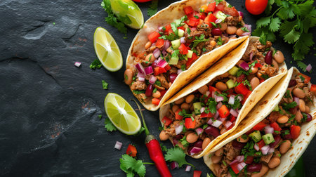 Mexican street tacos flat lay composition with pork carnitas, avocado, onion, cilantro, and red cabbage. Top view with copy space.の素材