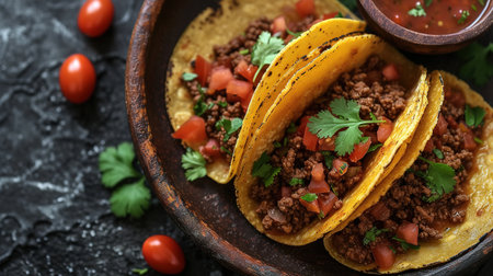 Mexican street tacos flat lay composition with pork carnitas, avocado, onion, cilantro, and red cabbageの素材