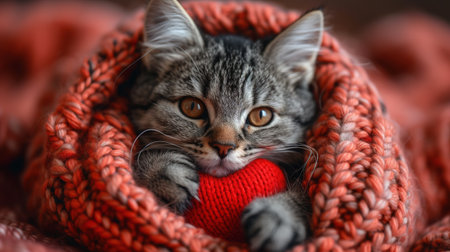 A red knitted heart in the paws of a cat. A postcard with a gray and black fluffy cat for Valentine's Day. Festive background with a cat. copy spaceの素材