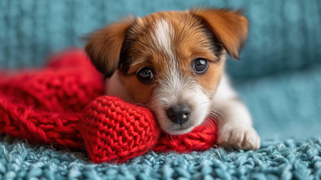 Cute lover Valentine puppy dog lying with a red heart, isolated on blue background. With copy spaceの素材