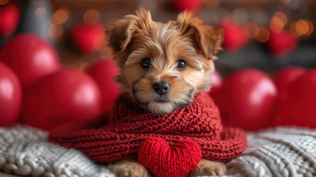 Cute lover Valentine puppy dog lying with a red heart, isolated on blue background. With copy spaceの素材