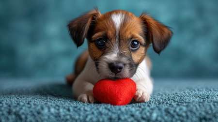 Cute lover Valentine puppy dog lying with a red heart, isolated on blue background. With copy spaceの素材