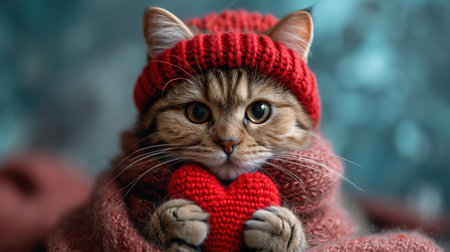 A red knitted heart in the paws of a cat. A postcard with a gray and black fluffy cat for Valentine's Day. Festive background with a cat. copy spaceの素材