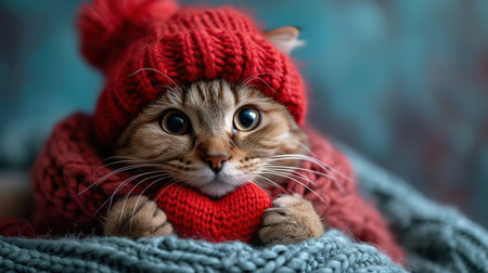 A red knitted heart in the paws of a cat. A postcard with a gray and black fluffy cat for Valentine's Day. Festive background with a cat. copy spaceの素材