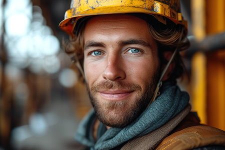 Cute Caucasian bearded construction worker with safety helmet on head in vest standing with arms crossed at construction site and looking at camera.の素材