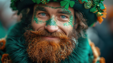 A funny man wearing a leprechaun hat and glasses with clover leaves. Portrait at the carnival on the street. green festive background. St. Patrick's day celebration.の素材