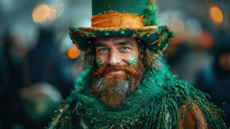 A funny man wearing a leprechaun hat and glasses with clover leaves. Portrait at the carnival on the street. green festive background. St. Patrick's day celebration.の素材