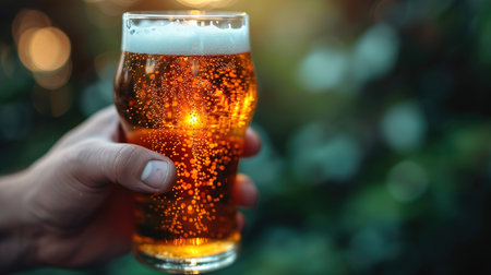 Hand with beer and party glass on green background. St. Patrick's Day celebration.の素材