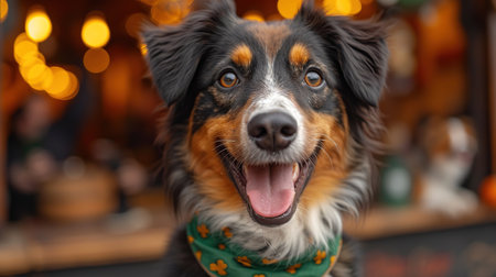 Cute dog with a green scarf around his neck on green background. St. Patrick's Day celebration.の素材
