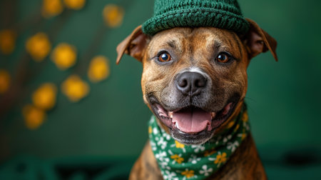 Cute dog with a green scarf around his neck on green background. St. Patrick's Day celebration.の素材