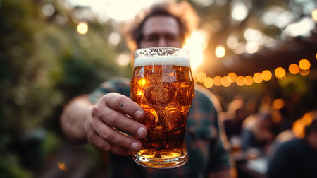 Hand with beer and party glass on green background. St. Patrick's Day celebration.の素材