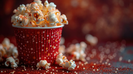 Striped box with popcorn on red background. Top view with copy space.の素材