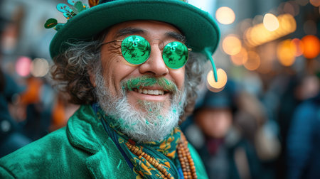 A funny man wearing a leprechaun hat and glasses with clover leaves. Portrait at the carnival on the street. green festive background. St. Patrick's day celebration.の素材
