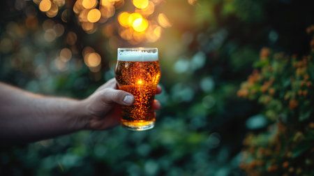 Hand with beer and party glass on green background. St. Patrick's Day celebration.の素材