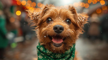 Cute dog with a green scarf around his neck on green background. St. Patrick's Day celebration.の素材