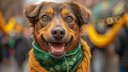 Cute dog with a green scarf around his neck on green background. St. Patrick's Day celebration.の素材