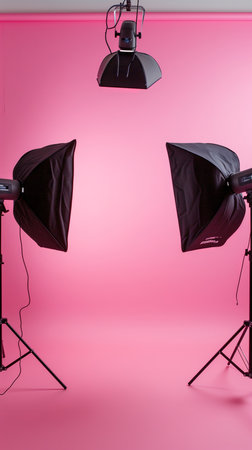An empty pink background in a modern photo studio with lighting equipment and a camera.の素材