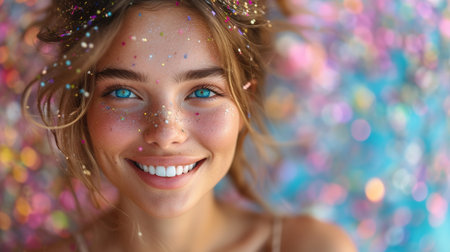 International Women's Day. Extremely happy woman in a bright dress against the background of flying confetti.の素材