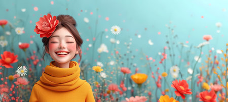 International Women's Day. Extremely happy woman in a bright dress against the background of flying confetti.の素材