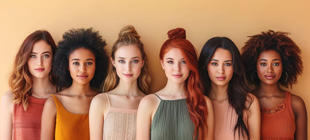 Group of strong independent women standing together in a studio. Diverse women looking at the camera while standing against a studio background. Women of different ages embracing girl power. Beautiful girls of model appearanceの素材