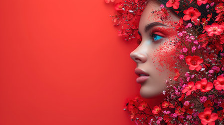 Portrait of a beautiful young girl in flowers on her head on a red background. A postcard for Valentine's Day or International Women's Day. concept of women's beauty and health. A banner with a copy of the space.の素材