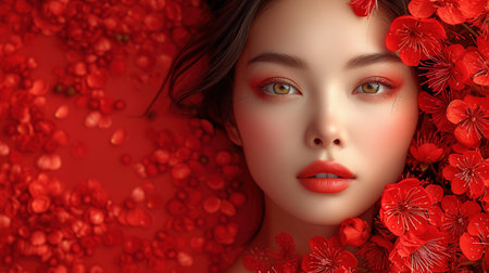 Portrait of a beautiful young Asian girl in flowers on her head on a red background. A postcard for Valentine's Day or International Women's Day. concept of women's beauty and health. A banner with a copy of the space.の素材