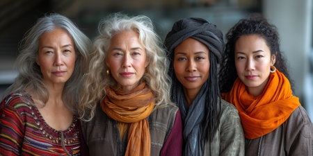 International Women's Day portrait of multi ethnic mixed age range women looking confidently towards camera, Embrace Equityの素材