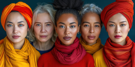 Group of strong independent women standing together in a studio. Diverse women looking at the camera while standing against a studio background. Women of different ages embracing girl power. Beautiful girls of model appearanceの素材