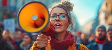 Protest, megaphone and speech of angry black woman at rally. Loudspeaker, revolution and speaking, screaming or shouting leader on bullhorn protesting for human rights, justice and freedom in city. A woman speaks at a rally for women's rights on March 8, International Women's Day.の素材