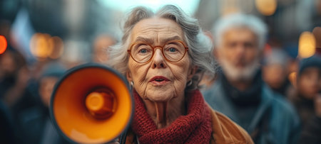 Protest, megaphone and speech of angry black woman at rally. Loudspeaker, revolution and speaking, screaming or shouting leader on bullhorn protesting for human rights, justice and freedom in city. A woman speaks at a rally for women's rights on March 8, International Women's Day.の素材