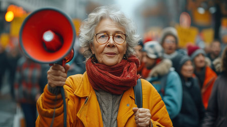 Protest, megaphone and speech of angry black woman at rally. Loudspeaker, revolution and speaking, screaming or shouting leader on bullhorn protesting for human rights, justice and freedom in city. A woman speaks at a rally for women's rights on March 8, International Women's Day.の素材