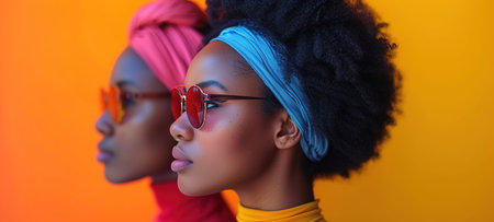 Portrait of several beautiful young black women on a bright background. The concept of International Women's Day and women's rights for equality.の素材