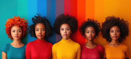 Group of strong independent women standing together in a studio. Diverse women looking at the camera while standing against a studio background. Women of different ages embracing girl power. Beautiful girls of model appearanceの素材