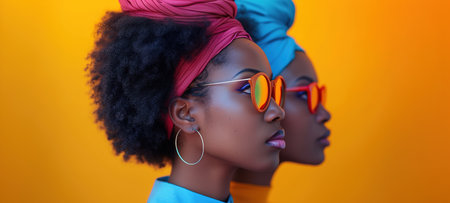 Portrait of several beautiful young black women on a bright background. The concept of International Women's Day and women's rights for equality.の素材