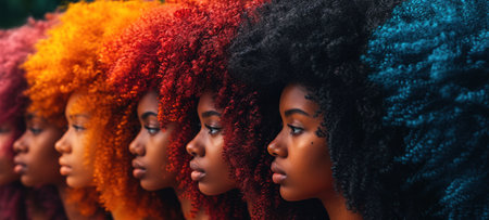 Portrait of several beautiful young black women on a bright background. The concept of International Women's Day and women's rights for equality.の素材