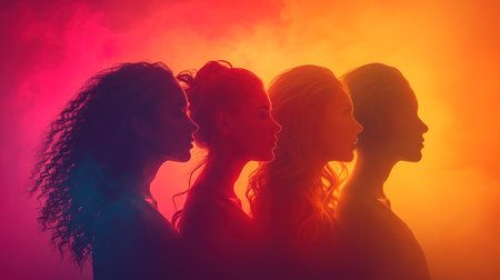 Group of strong independent women standing together in a studio. Diverse women looking at the camera while standing against a studio background. Women of different ages embracing girl power. Beautiful girls of model appearanceの素材