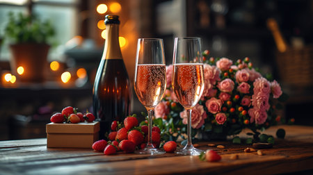 A beautiful bouquet of flowers, champagne and two glasses on a wooden table in the house. Celebrating Valentine's Day or a wedding.の素材