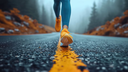 Close-up of a girl running along a road in the forest. The concept of sports and health.の素材