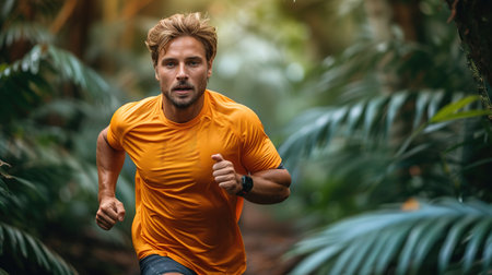 Fitness, man and running in nature for healthy exercise, training and workout in the outdoors. Active, athletic male runner in sports taking a jog in the forest or park for health and cardio wellnessの素材