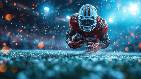 American football sportsman player on stadium running in action. Sport wallpaper with copyspace.の素材