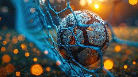 Soccer ball on goal with net and green background, this photo can use for football, sport, goal, score, shoot and target of business concept.の素材