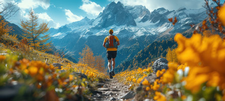 Hiker with backpack standing on a rock and enjoying sunset on mountain. A man with a backpack runs through the mountains. The concept of a sporty lifestyle and health.の素材