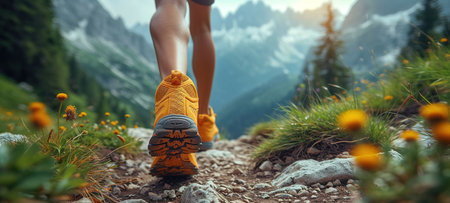 Hiking in the mountains. Male legs with sports shoes and backpack running on a trail mountain, close up.の素材