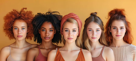 Group of strong independent women standing together in a studio. Diverse women looking at the camera while standing against a studio background. Women of different ages embracing girl power. Beautiful girls of model appearanceの素材